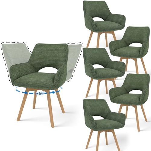 JIJIAN 6er Set 360° Drehbare Esszimmerstühle mit Armlehnen, Grün | Drehbar Stühle Esszimmer mit Holzbeinen, Moderner Küchenstuhl aus Cord, Polsterstuhl für Esszimmer, Küche, Wohnzimmer