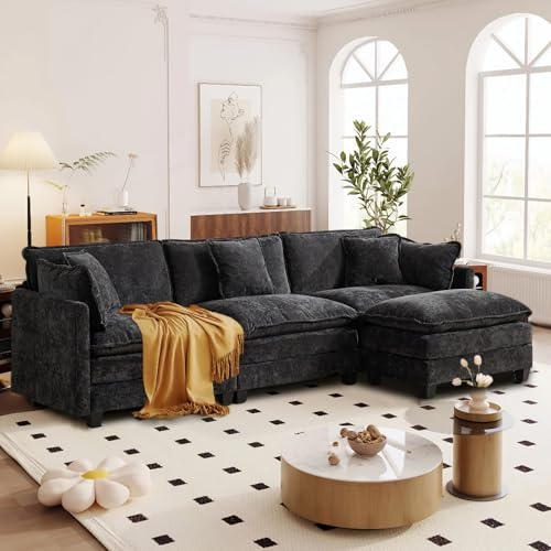 Modulares Sofa mit Doppelpolsterung, Schwarz, 3 Sitze + 1 Fußhocker | Chenille Stoff mit Kissen & Armlehnen. Niedrige Sitzfläche, flache Füßen. Ideal für Wohnzimmer, Schlafzimmer & Wohnungen.