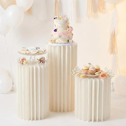 WYmaioyis 3er Set Dekosäulen mit Acrylplatte Faltbare Papier Tortenständer & Buffet Riser Display Säulen für Hochzeit, Party & Desserttisch 40/60/80cm