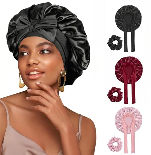 Schlafmütze Seide Damen 3er Set - Satin Bonnet für Locken, [Universalgröße] Haube zum Schlafen mit elastischem Band, Inkl. 3 Scrunchies, Schwarz/Rot/Rosa