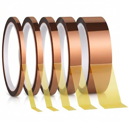 5 Stücke Kapton Tape,Hitzebeständiges Klebeband,Hohen Temperaturen Klebeband,Isolierband Wärmeband,Polyimid Film Klebebands für Sublimation Elektronik Leiterplatten(5 mm/8 mm/12 mm/25 mm/30 mm X 33 m)