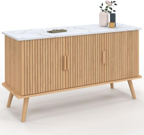 IDMarket - Lowboard 110 cm Juliette mit Marmorplatte, 3 Türen, Holzleisten, eichenfarbig