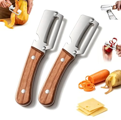 2 Pack 2-in-1 Gemüseschäler und Flaschenöffner, Edelstahl Obstschäler mit ergonomischem Holzgriff, multifunktionales Küchenwerkzeug für Kartoffel, Apfel, Karotte, Kürbis, Zuhause, Outdoor, Camping