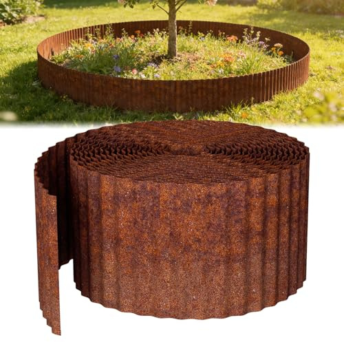 Peviasot Bordure de pelouse 20 m, 15 cm de haut, en métal, 0,3 mm en acier avec bords repliés, profil ondulé aspect rouille, bordure de parterre pour jardin