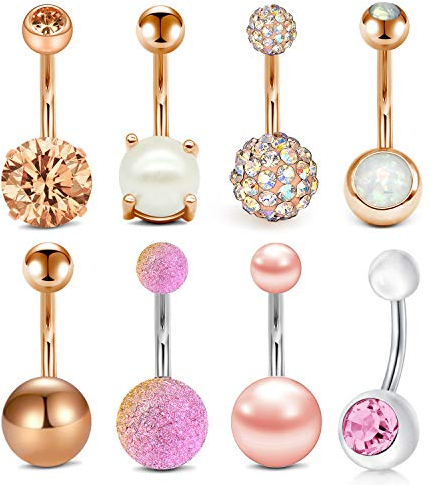incaton 8 Pièces 14 Gauge Anneaux de Nombril de Barre Courte Anneaux Piercing de Diamant en Acier Chirurgical Or Rose