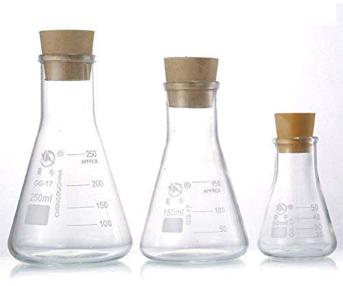 Yizerel Glass Erlenmeyer Flask Set, (250 ml, 150 ml & 50 ml) Graduated Borosilicate Glass Erlenmeyer Flasks with Rubber Stoppers & Accurate Scales for Lab, Experiment, Chemistry, Science Studies etc.