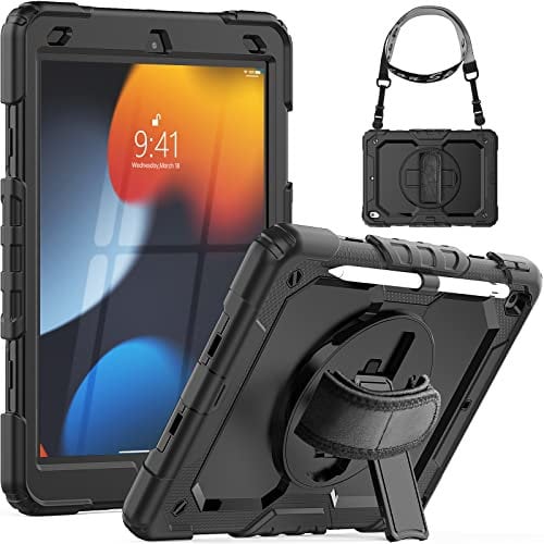 SEYMCY for iPad 9th/8th/7th Generation Case 10.2 inch, Shockproof Sturdy Cover with 360° Rotating Hand Strap & Stand, Screen Protector, Shoulder Strap, Pen Holder for iPad 9/8/7 gen 2021~2019, Black