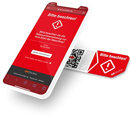 QR Code Aufkleber „Bitte beachten!“ Für Maschinen, Bedienungsanleitungen, Hinweise, Warnungen abrufbar per QR-Code, mit Smartphone App, geeignet für Industrie und Handwerk (XS, 16 Sticker)