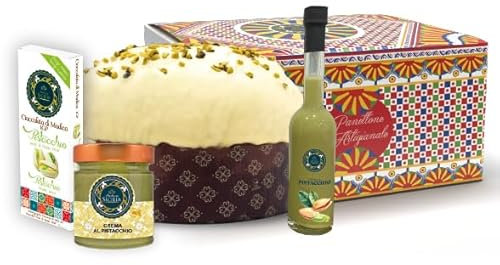 Antica Sicilia Confezione Natalizia Panettone Artigianale Al Pistacchio + Liquore 10 Cl. Al Pistacchio + Cioccolata Di Modica + Crema Dolce Spalmabile Con Pistacchio Siciliano
