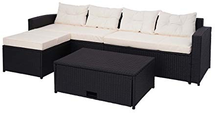 Mendler Poly-Rattan Garnitur HWC-J34, Balkon-/Garten-/Lounge-Set Sitzgruppe Sofa, Staufach - schwarz, Kissen Creme-beige