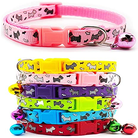 Doggie Style Store Small Dog Puppy Pet Collar Scotty Dogprint Design with Bell Nylon Adjustable Size 19-32cm Light Pink