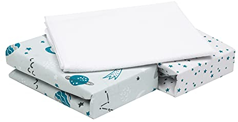 FlyIdeas Lot de 3 Draps Housse Bébé 60x120 cm en Coton Doux - 2 Draps Housse Élastiqués + 1 Alèse Imperméable - Linge de Lit pour Berceau et Matelas 120x60 cm