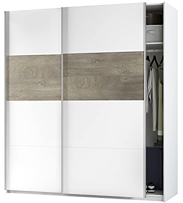 Dmora Guardaroba 2 Ante Elgin, Armadio per Camera da letto, Mobile con Barra appendiabiti e 3 ripiani, 180x60h200 cm, Bianco e Rovere