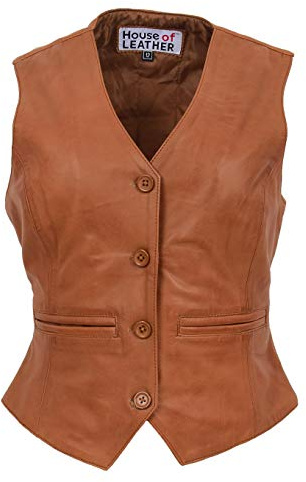 Rita - Chaleco de piel auténtica para mujer, cierre de botón, estilo tradicional, canela, 36