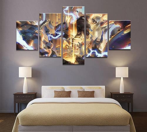 Wondbeau Leinwanddrucke Modulare Wandkunst Wandaufkleber 5 Teiliges Wandbild Druck auf Leinwand Malerei Moderne Abstrakte Poster Mit Rahmen XL/200cm×100cm Doomfist Overwatch-Spielfigur