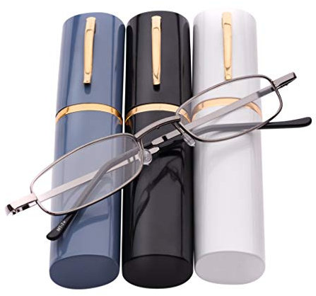 Fads & Fashions 2 x PAIRS MIX N MATCH Pen Holder Gunmetal Grey Frame Compact Reading Glasses with Case MT74 (2 x Grey, 3.0)