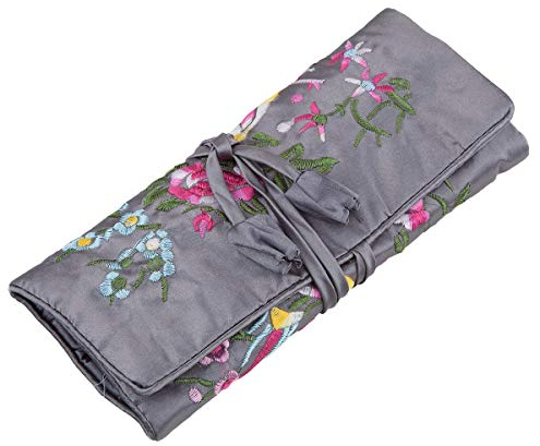 KYEYGWO Stickerei Reise Schmuckrolle mit Blumen und Vogel Stickerei, Chinesischer Schmuck Organizer Tragbare Rollenbeutel Schmucktasche für Halsketten Ring Armband Aufbewahrung, Grau