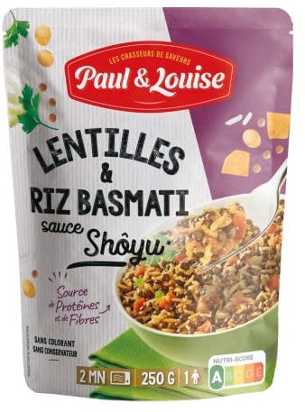 Paul & Louise - Lentilles et riz basmati sauce shoyu 250g - Source de Protéines et de fibres - Prêt en 2 minutes