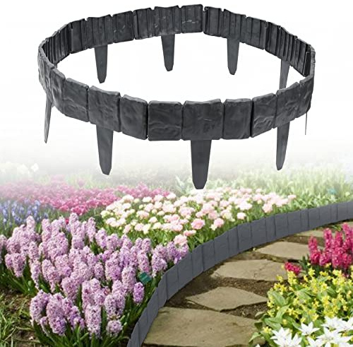 Jiubiaz 100Pcs Rasenkante Kunstoff 25M Anthrazit Beeteinfassung Steinoptik Palisade Beetumrandung Mähkante Gartenzaun für Garten Border Blumenbeet LxH 25x23cm