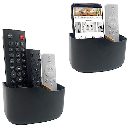 SUNFICON Adhesive Remote Control Holder 2 Pack Wall Mount Media Player Controller Holder Universal TV Remote Organiser Caddy Box Hollow Bottom Easy Phone Charging Home Office Desk Nightstand Black