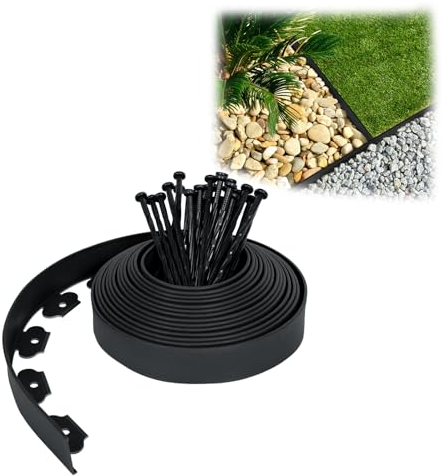 HENGMEI Bordure de pelouse en Plastique Flexible de 50 m avec système de barrière Contre Les Racines, Bordure de Parterre de Fleurs avec 150 Clous de Fixation, Noir