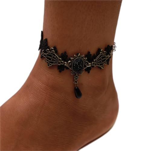TseenYi Barefoot Sandales Laciness Dentelle Bracelets De Cheville Noir Gothique Anklet Mode Cristal Cheville Bijoux De Pied À La Main Pour Les Femmes Et Les Filles (1 Pcs)