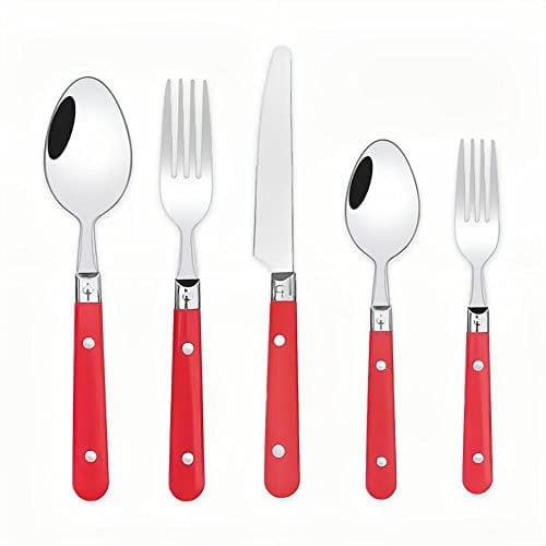 20-Piece Set-304 Thickened Stainless Steel Silverware Cutlery Set Steak Knife and Fork Spoon Dessert Tea Spoon Fruit Fork (Red)