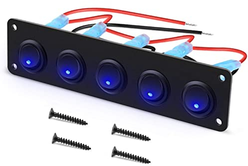 RUNCCI-YUN 12V pannello interruttore,Pulsante Interruttore Rotondo,12-24V 5 Gruppi Pannello interruttori a levetta LED,Pannello Interruttori a Bilanciere per Auto, Barca, Camion (Blu)