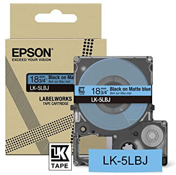 Epson Etikettenkassette, mattes Beschriftungsband LK-5LBJ schwarz auf blau, langlebiges Band für Epson LabelWorks Etikettendrucker, wasser- & verschleißfest, 8 m x 18 mm