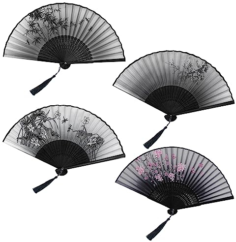 OMIGA Handfächer Falten 4 Stück Handfächer Bambus Faltbare Fächer Handfächer mit Quaste Vintage Stil Klappfächer für Wanddekoration Dekoration Hochzeit Party Tanzen Sommer Geschenke