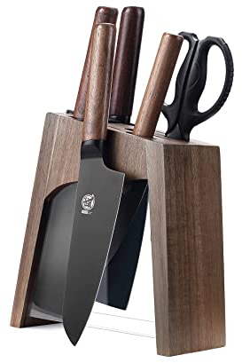 MITSUMOTO SAKARI 6-Teiliges Professionelles Japanisches Kochmesserset, Deutsches Premium-Legierungsstahl-Kochmesserset Mit Abnehmbarer Schere, Küchenmesserset Mit Walnuss-Ständer