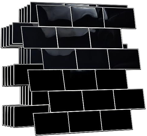 WALPLUS Upgrade Thicker 3D Tile Stickers Peel and Stick Backsplash Splashback Decals Tile Transfer for Kitchen Bathroom Living Room Stick on Tile Waterproof Black Metro Subway Glossy 40pcs 15.4x30.5cm