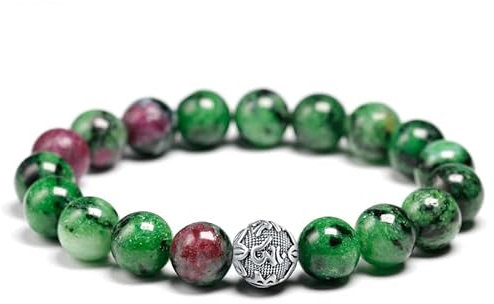 MetJakt 18-18.5cm Natur 8mm Edelstein-Heilungs-Kristall-Stretch-Perlenarmband mit 925 Sterling Silber Sanskrit Mantra Charme (Rubin-Zoisit)