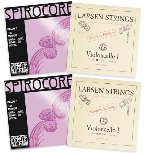 Thomastik-Infeld Spirocore Tungsten and Larsen Cello Set - Cello Strings 4/4 Full Set - Larsen A and D - Spirocore Tungsten Wound G and Single C String - Made in Vienna - Solo