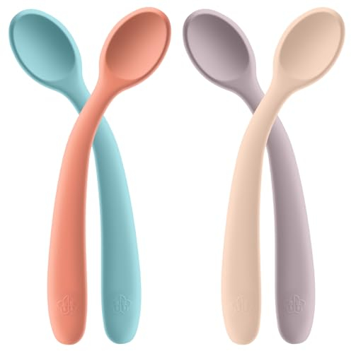 HOTUT Cucharas de Silicona para Bebés, 4PCS Cucharas para Bebé con Asas Flexibles, Precucharas Babe, Sin BPA, Cubiertos De Silicona Ergonómicos, Apto para Lavavajillas