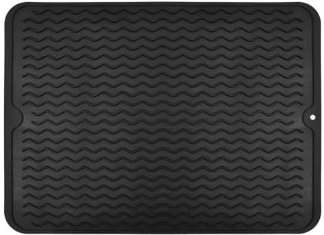 Tibapla 40x30cm Grande Alfombrilla Escurreplatos de Silicona, Alfombrilla Escurreplatos Plegable Resistente al Calor y Antideslizante Alfombrilla de Drenaje para Encimera Cocina (Negro)