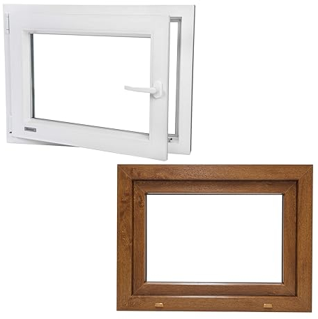 Fenster PVC Kunststofffenster Kellerfenster Garagenfenster Günstig Billig Aluplast Wärmedämmend Dreh Kipp 2-Fach Verglasung Innen Weiss Außen Goldene Eiche 40x80cm 400x800mm DIN Links Hersteller