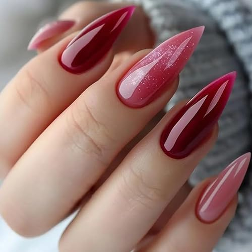 Unghie Finte Lunghe MouyouGlow,Stiletto Dark Rosso Gradiente Rosa Brillantini Press on Nails con Colla,Pink Wine Red Sfumatura Halloween Vampire Scintillio Fake Nails