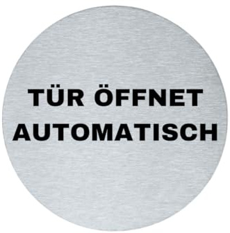 stahl-design-tebart Hinweisschild Piktogramm rund 7,5 cm Edelstahl selbstklebend graviert Edeloptik elegante Beschilderung langlebig TÜR ÖFFNET AUTOMATISCH- 7,5x7,5x0,1cm