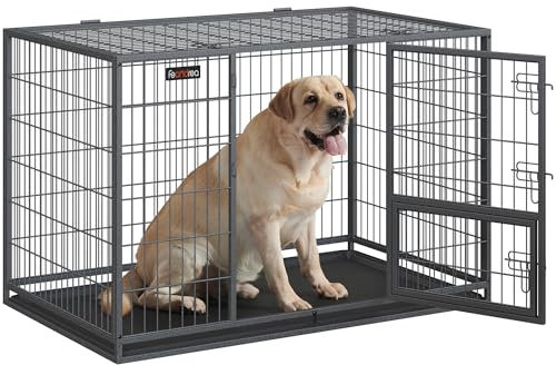 Feandrea Hundekäfig hochbelastbar, Gitterbox, transportabler Haustierkäfig, 122 x 75,5 x 80,5 cm, für mittelgroße, große Hunde, sicher, 2 abnehmbare Türen, Welpenauslauf, XXL, grau PPD003G01