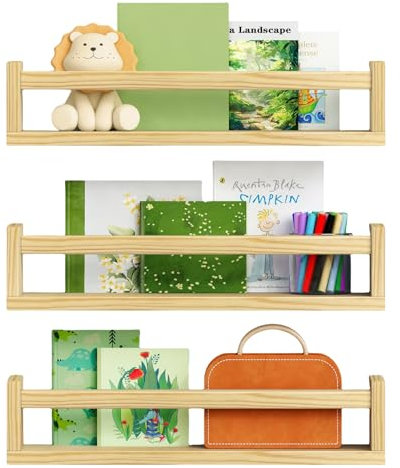 Harwaya Floating Nursery Book Shelves for Wall, Natural Wood Wall Bookshelf for Kids Room Bedroom, Small Wooden Baby Book Shelf and Toy Organizer for Nursery Girl Boy Toddler Child - Set of 3
