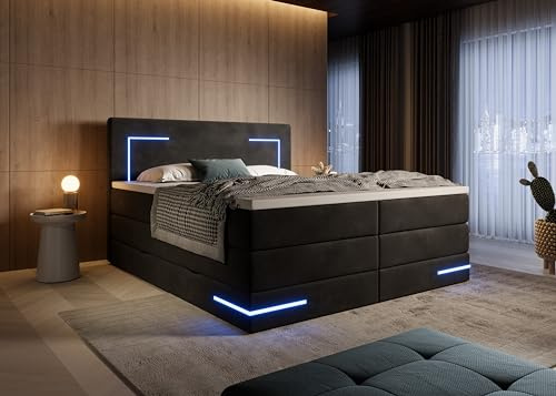 wonello Detroit Boxspringbett 160x200 mit Bettkasten und LED-Beleuchtung - gemütliches Bett mit LED - Stauraumbett 160 x 200 cm mit Matratze und Topper - Samt-Stoff schwarz - H2/H3