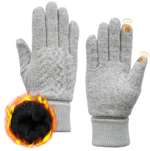 ACUSHLA-Handschuhe aus Merinowolle für Männer und Frauen – Fleecegefütterte, schwere, warme Touchscreen-Handschuhe für kaltes Wetter im Winter, weiche, thermische Strickhandschuhe Hellgrau L