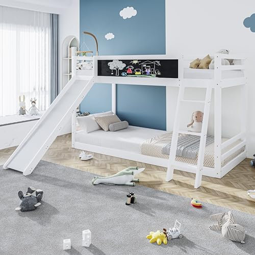 Aoskem Kinderbett Etagenbett 90x200 cm für 2 Kinder, Hausbett mit Leiter und Rutsche, Graffiti-Tafel, Hochbett Holzbett Bettgestell mit Rausfallschutz und Lattenrost, Massivholz, Ohne Matratze, Weiß