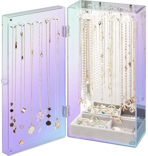 Lolalet Porta Collane da Tavolo, Porta Collane Chiuso Antipolvere, Porta Gioielli Espositore con Vassoio in Velluto -Laser(con specchio)
