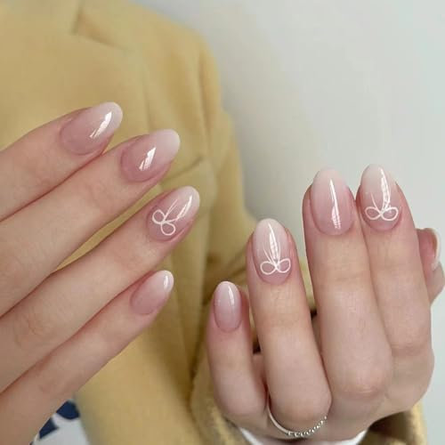 24 Stück Press on Nails Kurz, Almond Gradient Fake Nails Künstliche Nägel - Mandel Nägel Zum Aufkleben mit Bow Design - False Nails für Damen und Frauen (Gradient with Bow Design)