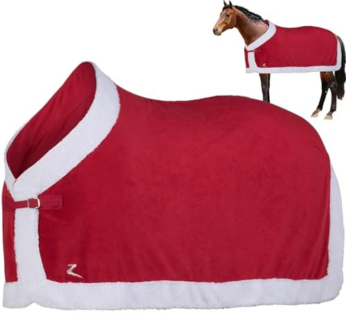 Hperu Weihnachtskostüme, Pferdedecke Weihnachten rote Pferdblätter weiche Fleece Decke warme Winterpferddecke mit weißen Kunstpelzen Kante für Weihnachtspferd