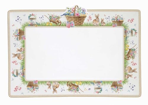 Easy Life Vassoio rettangolare pasquale in porcellana con conigli e fiori Spring Bloom 35x24.5 cm
