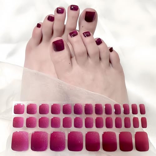 34 Stück Fußnägel Nagelfolie, Deep Rosa Lila Gradient Gel Nail Strips, Gel Nagelfolien für UV Lampe mit Shimmer Effect, Fußnägel Nagelfolie Selbstklebend für Frauen Mädchen Fußnagel Nagelkunst