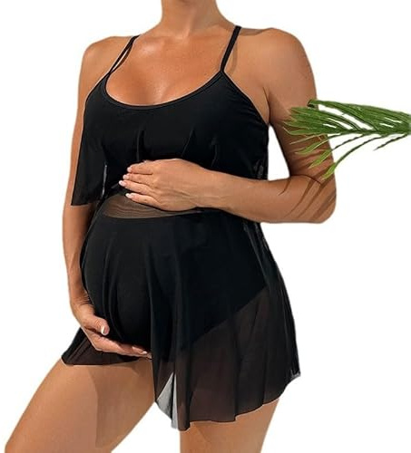 MGGMOKAY Ensemble Tankini de Grossesse, Maillot de Bain de Grossesse, Bretelles réglables, Deux pièces, Maillot de Bain, Noir, M